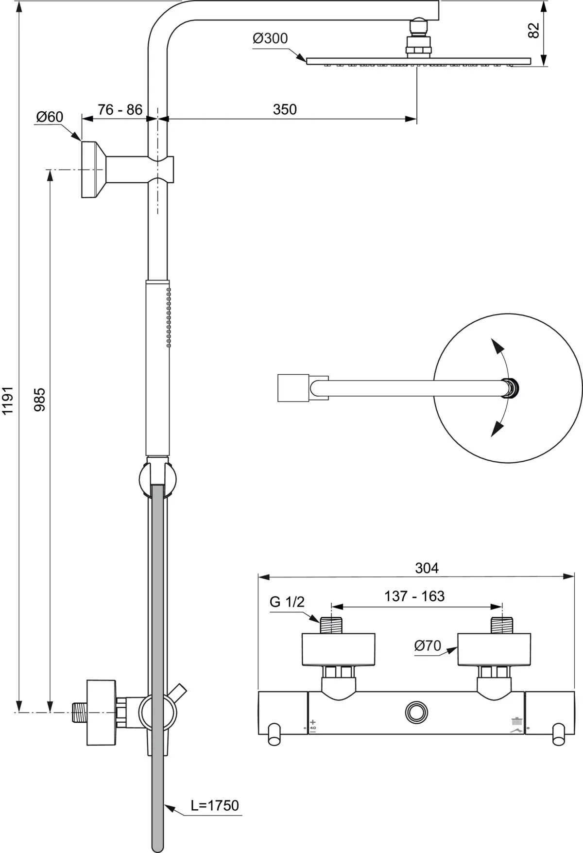 Ideal Standard Ceratherm T125 Duschsystem mit Badethermostat Pin-Griffe Chrom Ideal Standard Ceratherm T125 Duschsystem mit Badethermostat Pin-Griffe Chrom