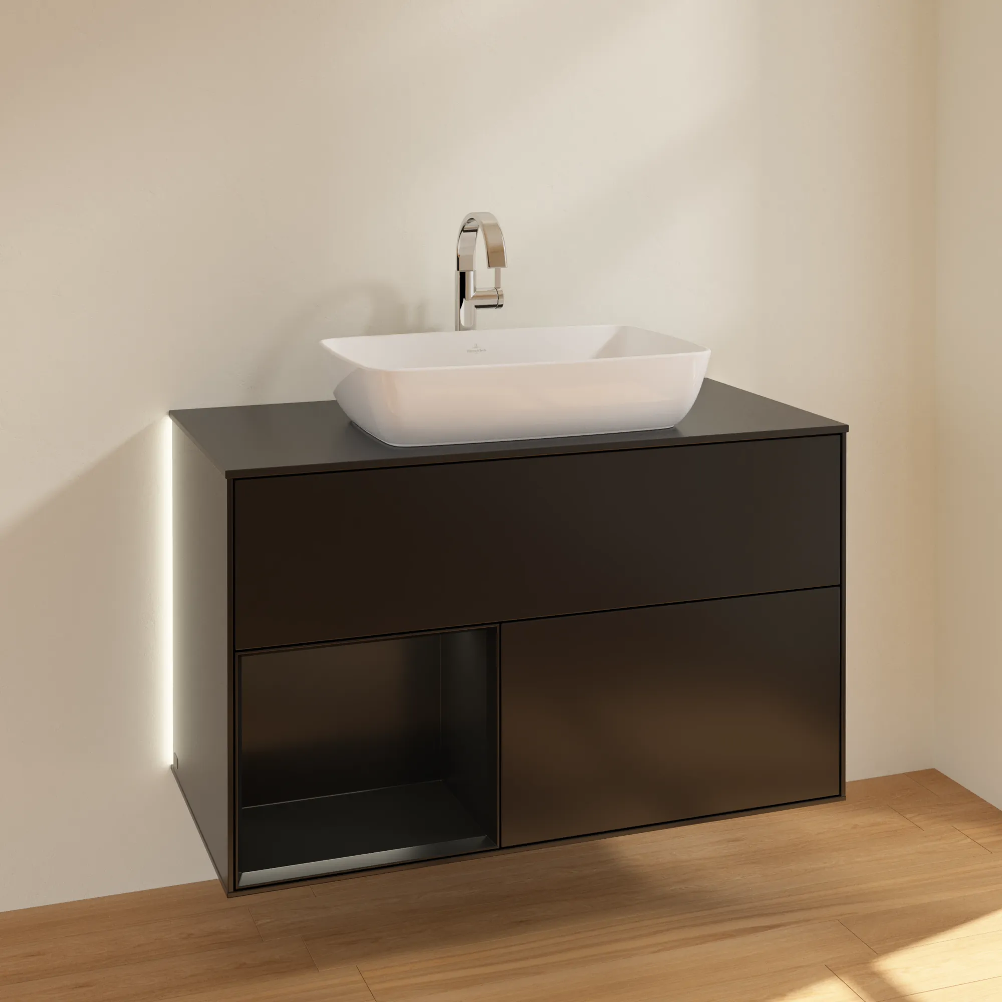 Villeroy & Boch Waschtischunterschrank „Finion“ für Schrankwaschtisch 1000 × 603 × 501 mm Black Matt Lacquer, für Becken mittig