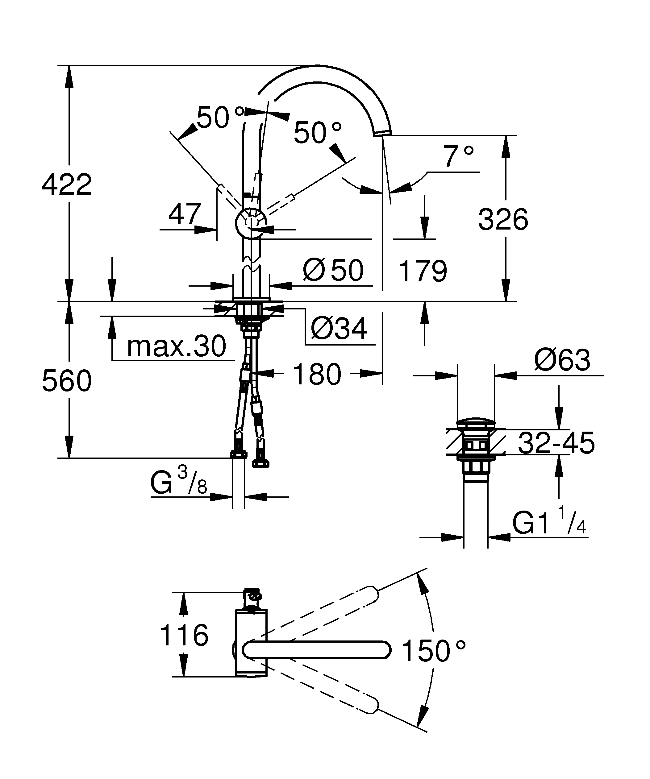 Einhand-Waschtischbatterie Atrio 24365, XL-Size, Einlochmontage, für freistehende Waschschüsseln, Push-open Ablaufgarnitur 1 1/4'', chrom