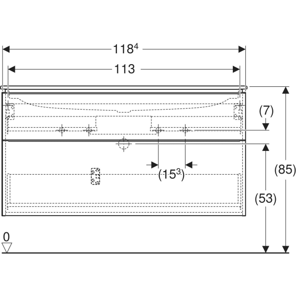 iCon Set Möbelwaschtisch schmaler Rand, mit Unterschrank, zwei Schubladen und Waschbeckenanschluss: B=120cm, H=63cm, T=48cm, weiß / KeraTect, weiß / lackiert hochglänzend, weiß / pulverbeschichtet matt