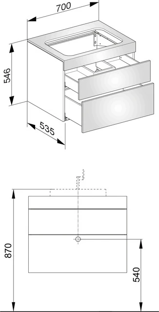 Edition 400 Waschtischunterbau o. Hahnlochbohrung, 2 Auszüge 700 x 546 x 535 mm trüffel/trüffel