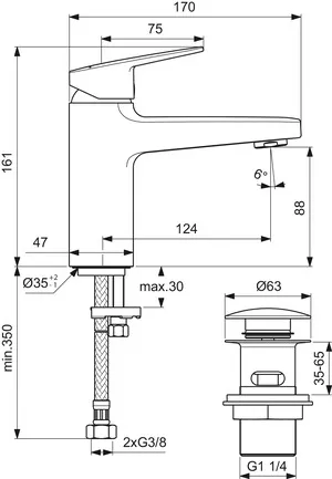 Ideal Standard Waschtischarmatur Ceraplan H90 mit Push-Open Ausladung 124mm Chrom Ideal Standard Waschtischarmatur Ceraplan H90 mit Push-Open Ausladung 124mm Chrom