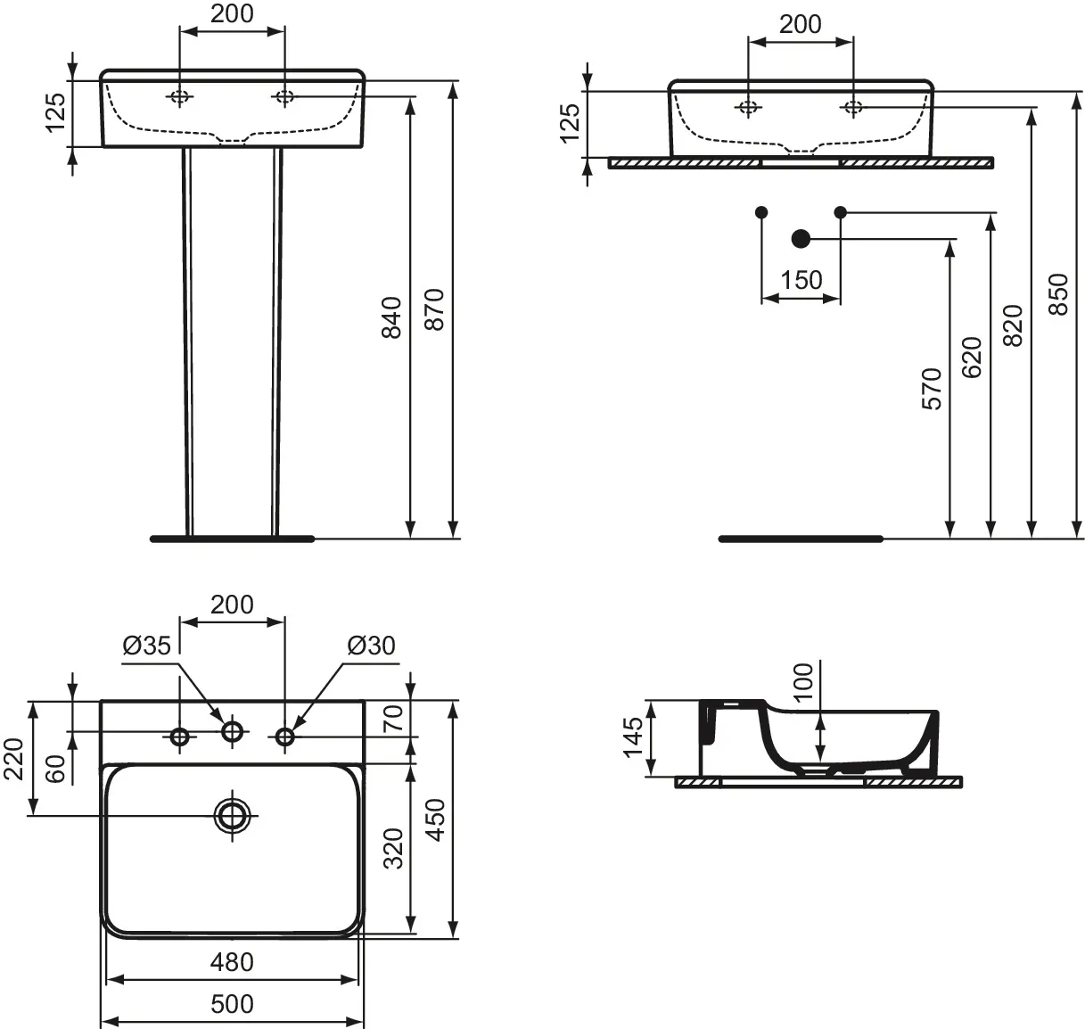 Ideal Standard Conca Waschtisch, 3 Hahnlöcher, geschliffen, weiß (Alpin), 500x450x145 mm
