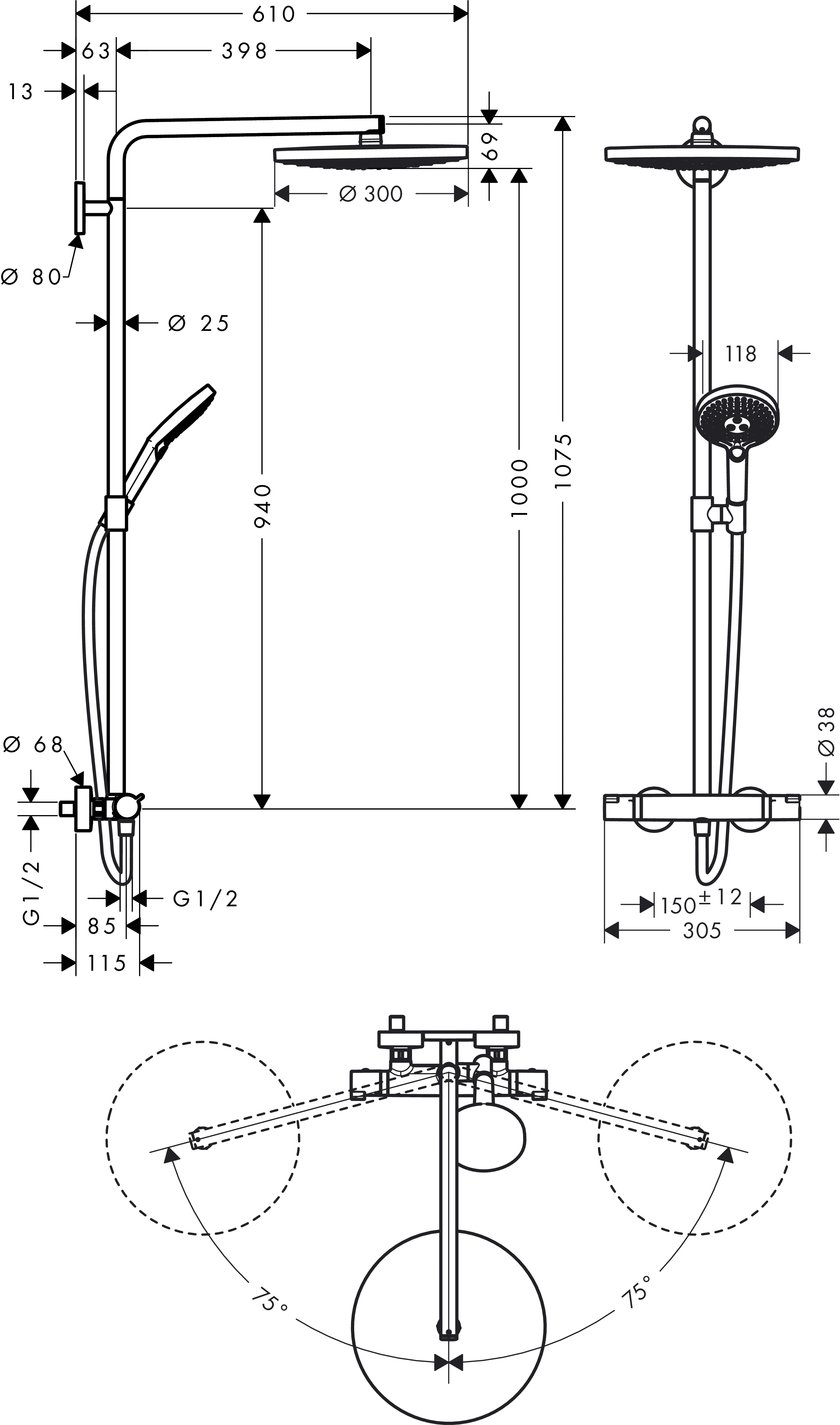 Showerpipe Raindance Select chrom mit Kopfbrause Raindance S 300 2jet