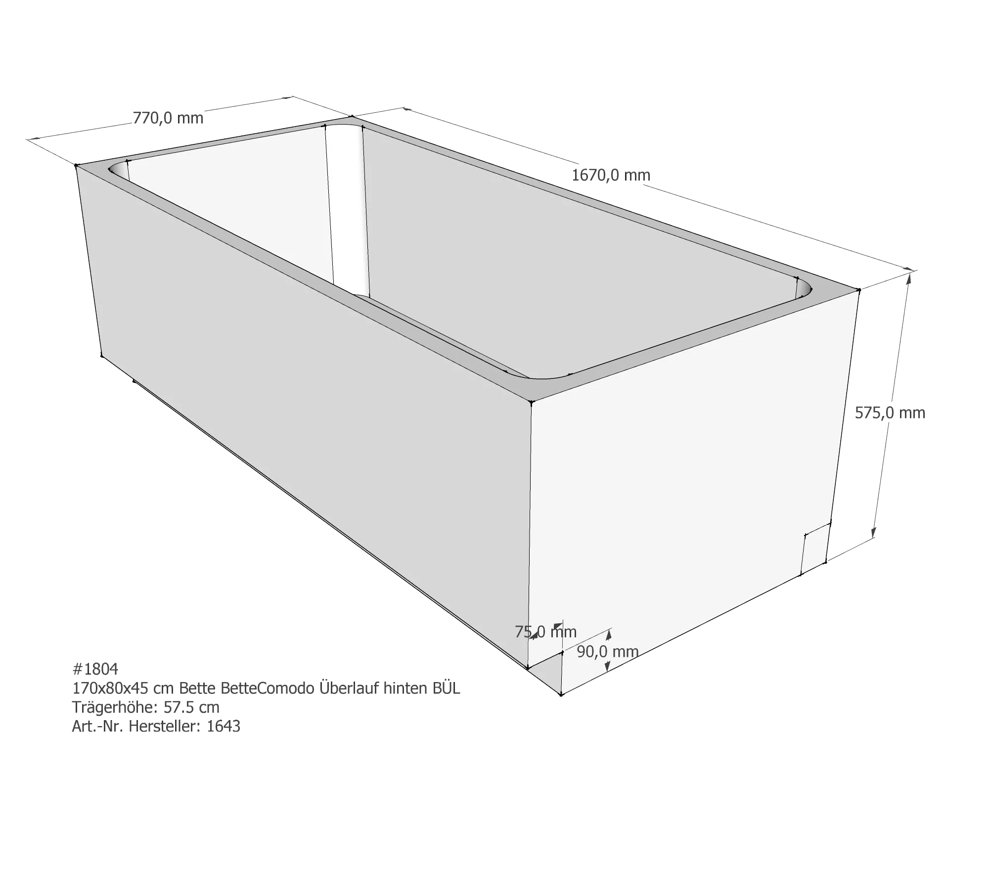 Badewannenträger für Bette Comodo 170 × 80 × 45 cm Breite: 80 cm / Länge: 170 cm