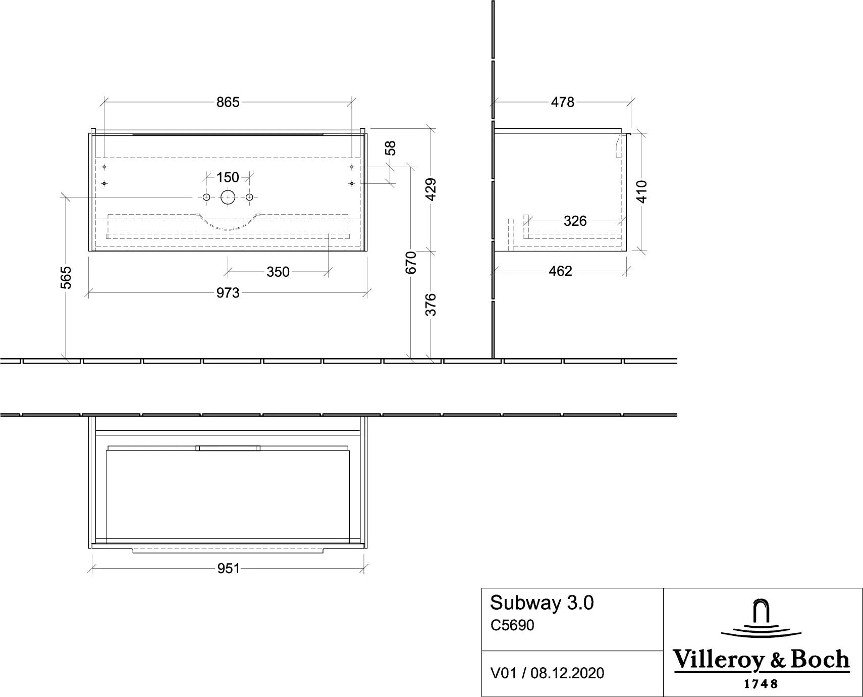Villeroy & Boch Waschtischunterschrank „Subway 3.0“ für Schrankwaschtisch 973 × 429 × 478 mm Graphite, für Becken mittig Villeroy & Boch Waschtischunterschrank „Subway 3.0“ für Schrankwaschtisch 973 × 429 × 478 mm Graphite, für Becken mittig