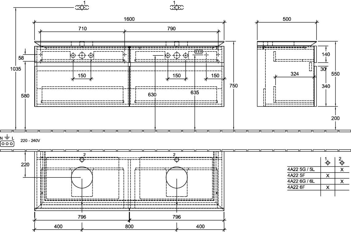 Villeroy & Boch Waschtischunterschrank „Legato“ für Schrankwaschtisch 1600 × 550 × 500 mm Black Matt Lacquer, für links und rechts