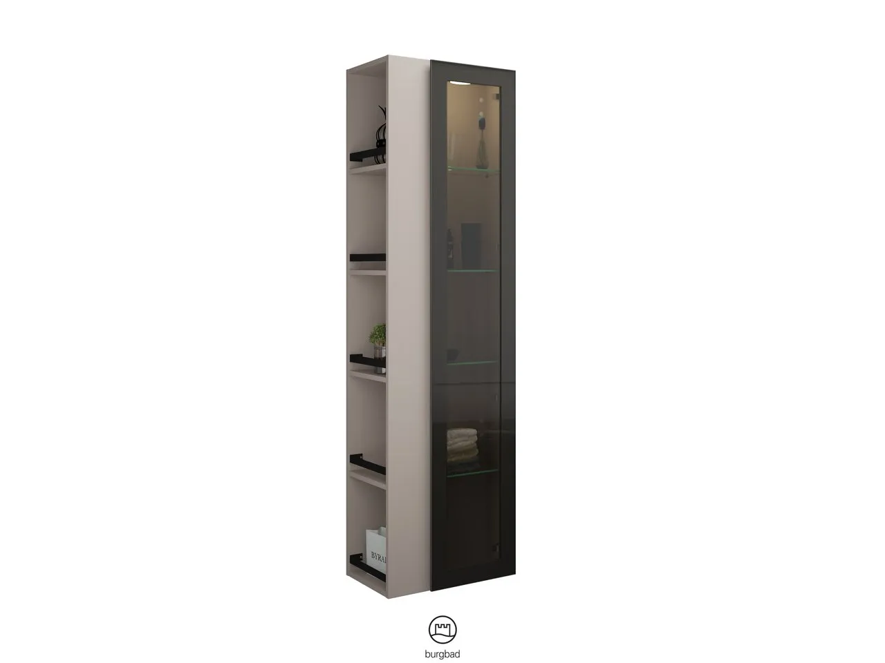 Hochschrank, 1 Alurahmentür mit Rauchglaseinsatz in Bronze;4 Glaseinlegeböden;LED-Innenbeleuchtung, 5 W, 4000 K;Energieeffizienzklasse F;für Raumschaltung;offenes Regal mit 4 Einlegeböden;IP20, Tiefe: 320 mm, Breite: 500 mm, Höhe: 1760 mm