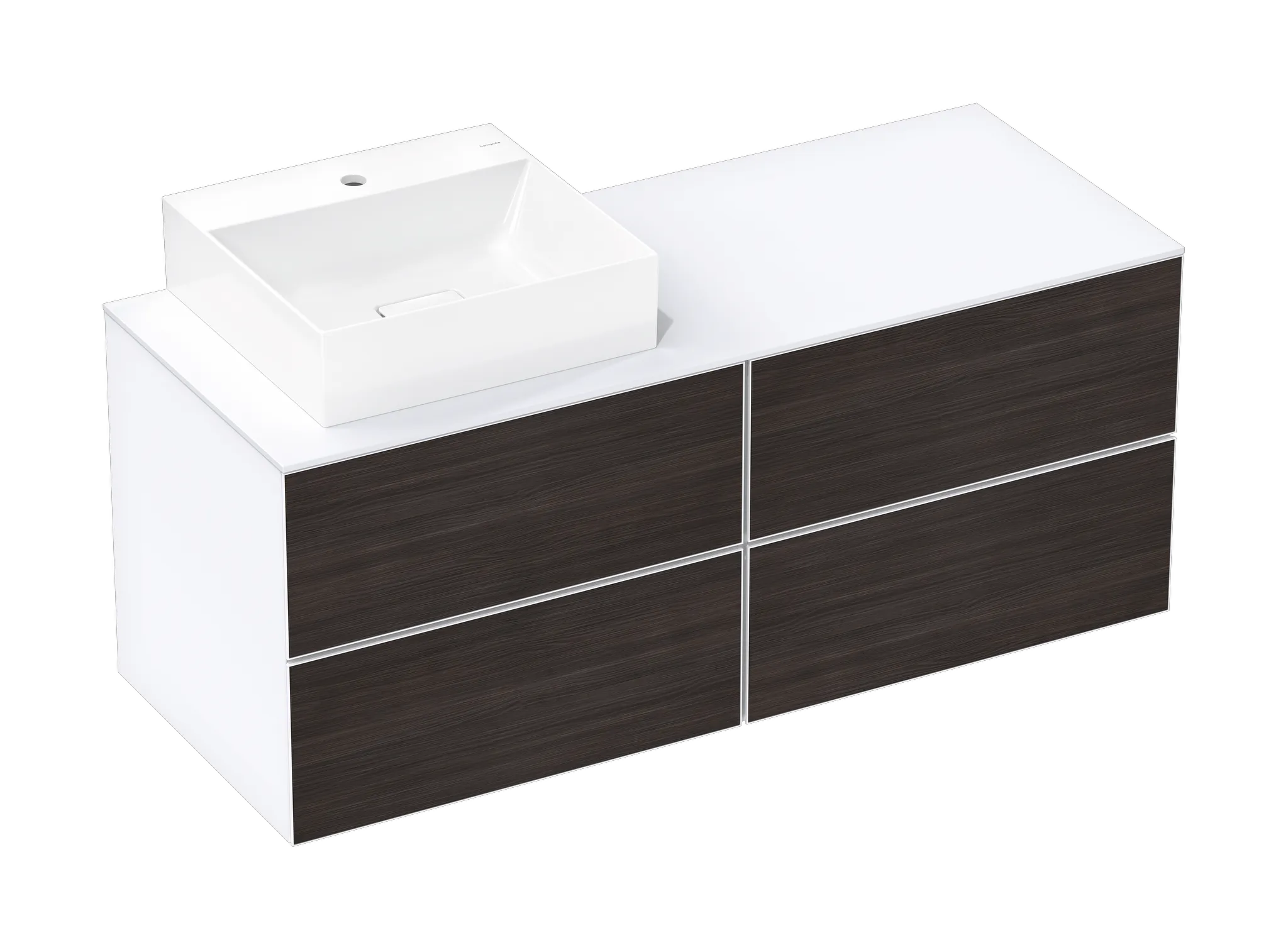 Hansgrohe Xevolos E Waschtischunterschrank Mattweiß 1370⁄550 mit 4 Schubkästen für Konsole mit Ausschnitt links, Oberfläche Front: Eiche Dunkel Hansgrohe Xevolos E Waschtischunterschrank Mattweiß 1370⁄550 mit 4 Schubkästen für Konsole mit Ausschnitt links, Oberfläche Front: Eiche Dunkel