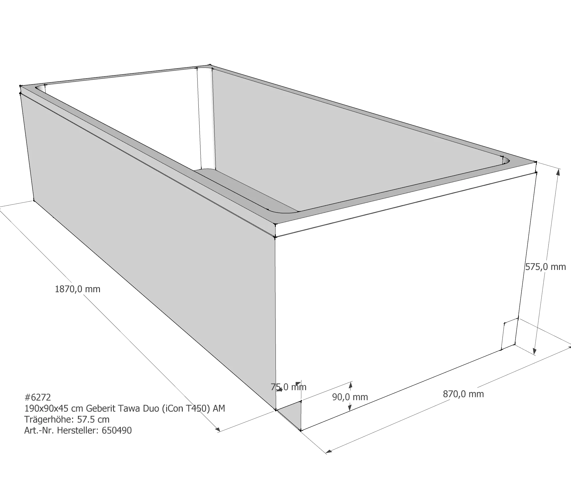 Badewannenträger passend für Geberit Tawa Duo(iCon T450) 190 × 90 × 45 cm