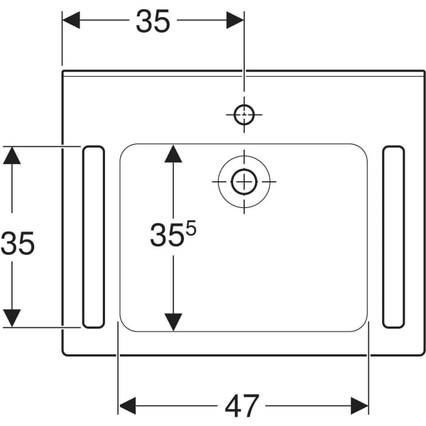 Publica Waschtisch eckiges Design, mit Ausschnitten, barrierefrei: B=70cm, T=55cm, Hahnloch=ohne, Überlauf=ohne, weiß-alpin