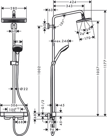 Showerpipe Croma E 280 1jet chrom mit Brausethermostat