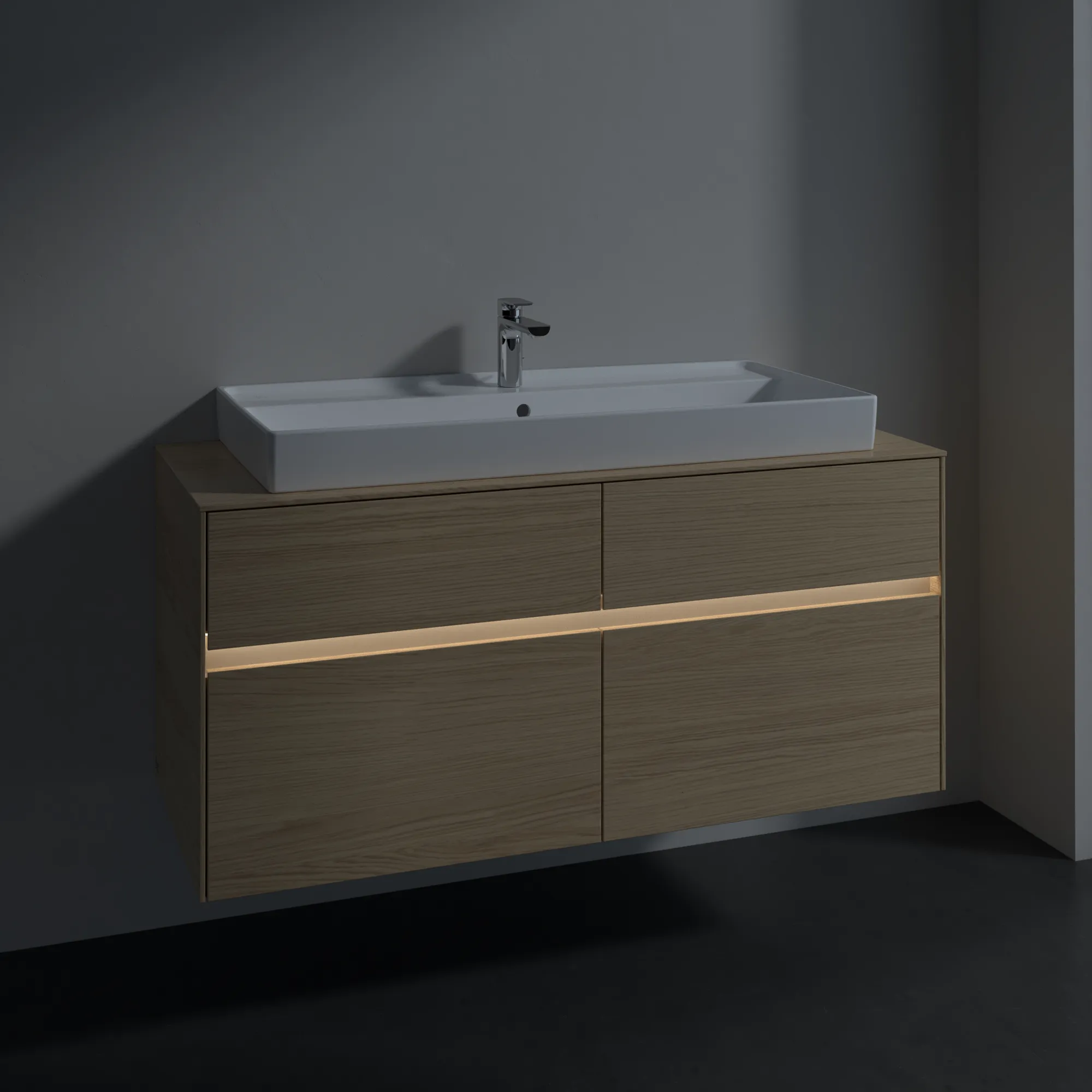 Villeroy & Boch Waschtischunterschrank „Collaro“ 1200 × 548 × 500 mm Nordic Oak, mit Beleuchtung, für Becken mittig