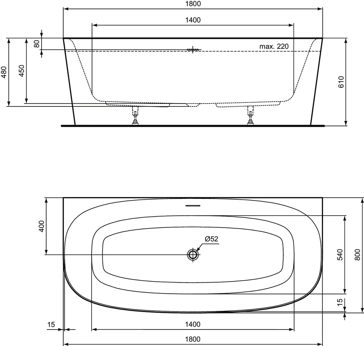 Ideal Standard Badewanne „Dea“ 80 × 180 cm in Schwarz Matt