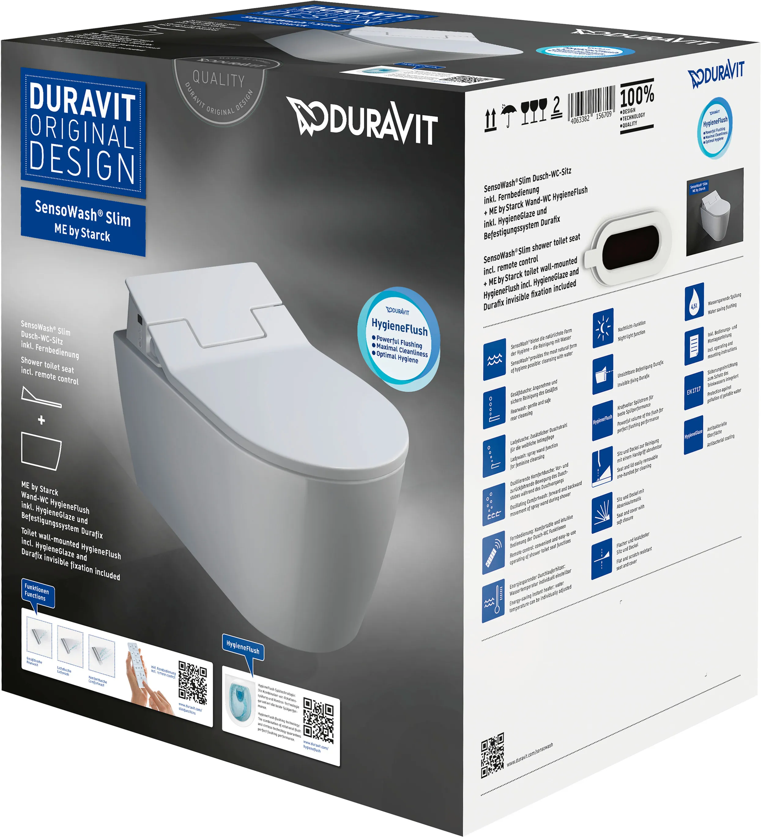 Duravit Wand-Tiefspül-WC mit HygieneFlush inkl. SensoWash® Slim-Sitz „ME by Starck“ 37,3 × 57 × 10,6 cm in, Befestigung verdeckt