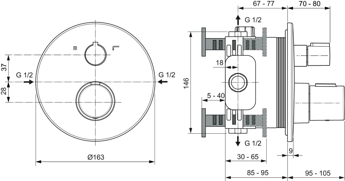 Badethermostat Unterputz Ceratherm T100, Bausatz 2, DIN EN 1717, Rosette Durchmesser: 163mm, Brushed Gold Badethermostat Unterputz Ceratherm T100, Bausatz 2, DIN EN 1717, Rosette Durchmesser: 163mm, Brushed Gold