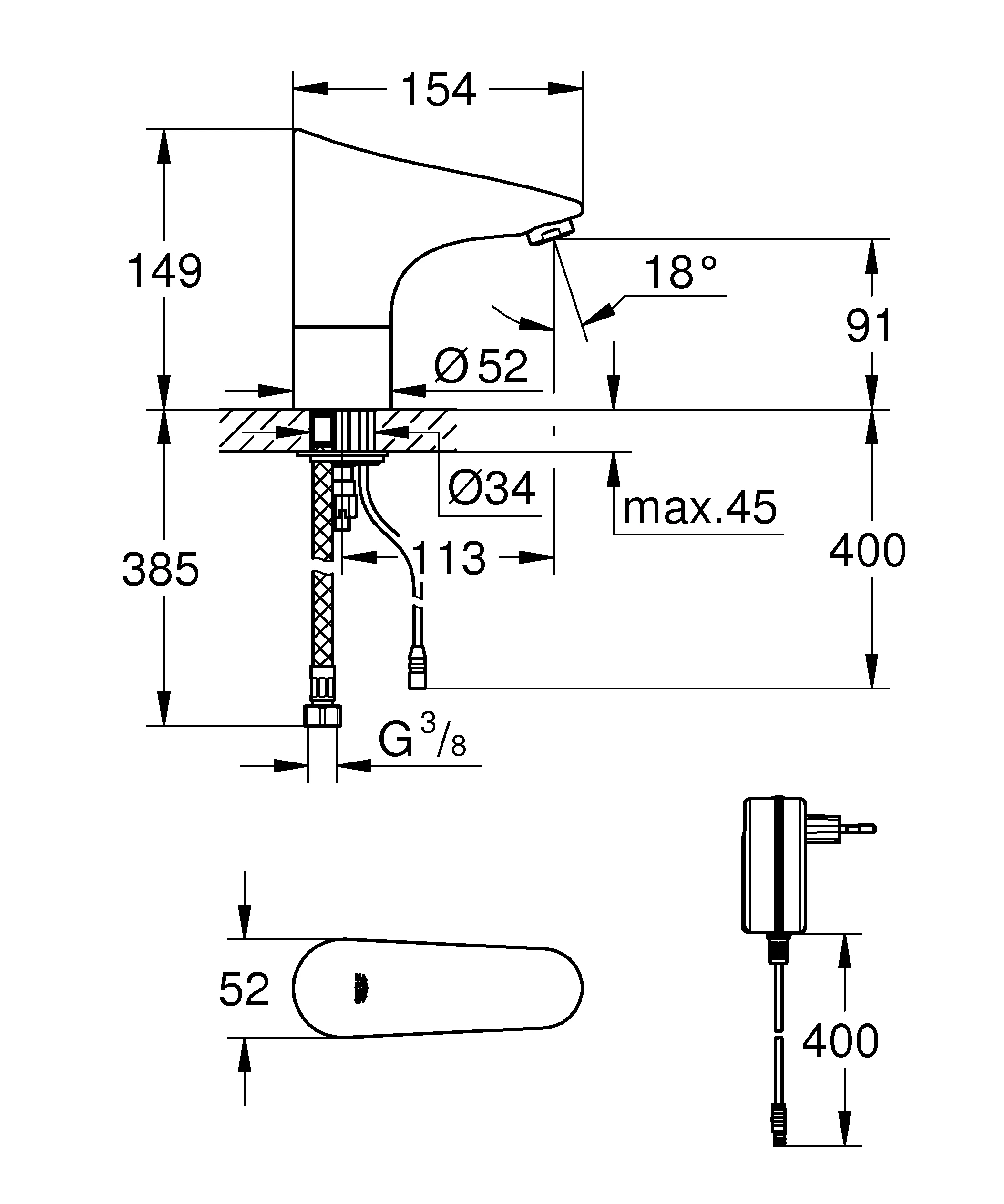 Infrarot-Elektronik für Waschtisch Europlus E 36016_1, ohne Mischung, für kaltes oder vorgemischtes Wasser, mit Steckertrafo 100-230 V AC, 50-60 Hz, 6 V DC, chrom