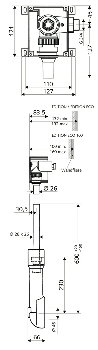 Unterputz-WC-Druckspüler COMPACT II, Masterbox, Rohrunterbrecher (DIN EN 12541), Spülstrom: 1,0 - 1,3 l/s, DN 20 G 3/4 AG (rechts), Spülrohr Ø 45 mm Unterputz-WC-Druckspüler COMPACT II, Masterbox, Rohrunterbrecher (DIN EN 12541), Spülstrom: 1,0 - 1,3 l/s, DN 20 G 3/4 AG (rechts), Spülrohr Ø 45 mm