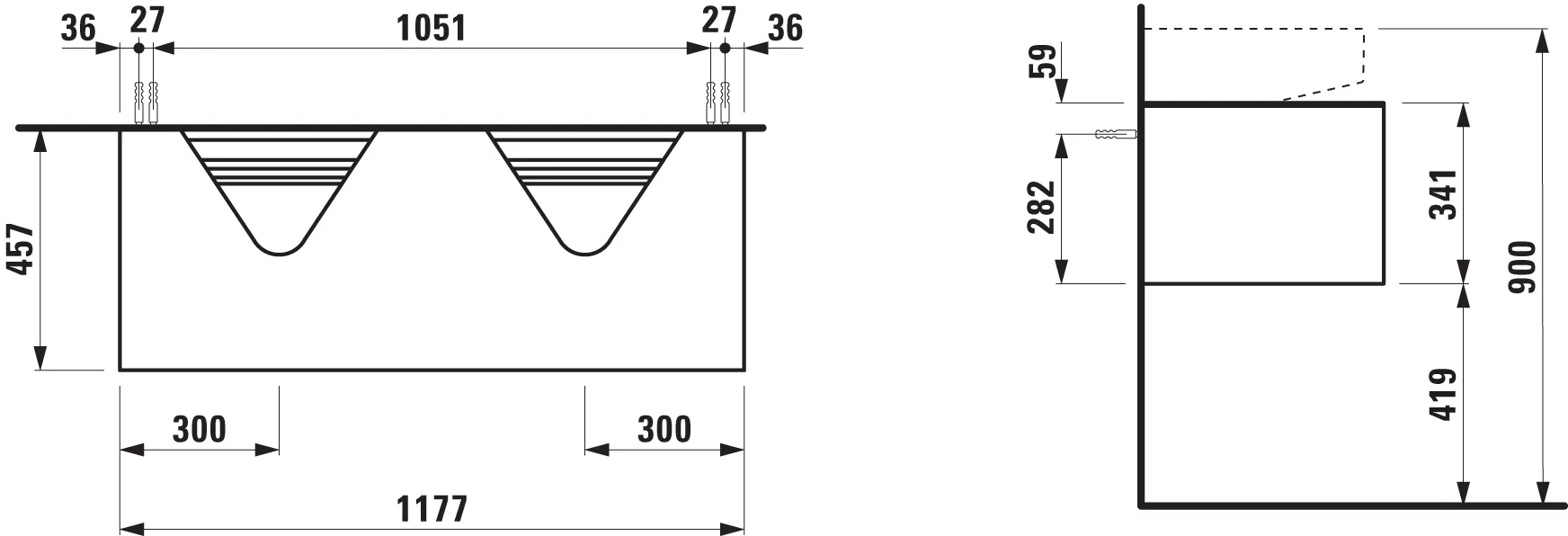 Laufen Waschtischunterbau „SONAR“ 1177 × 341 × 457 mm Kupfer, links und rechts