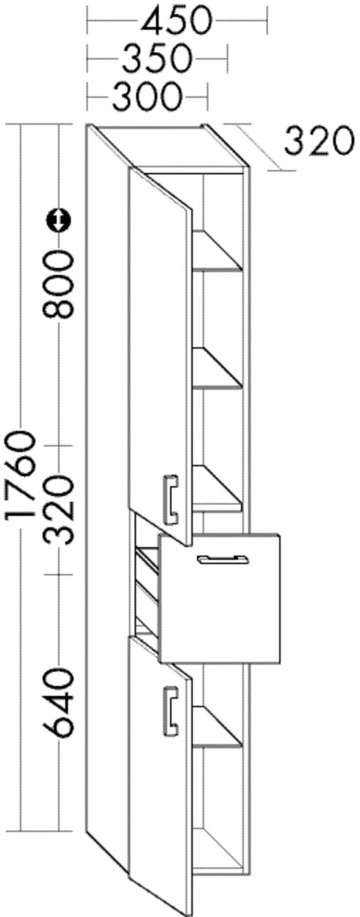 Hochschrank, 2 Türen;1 Auszug;3 Glaseinlegeböden;2 feste Böden, Tiefe: 320 mm, Breite: 300 mm, Höhe: 1760 mm