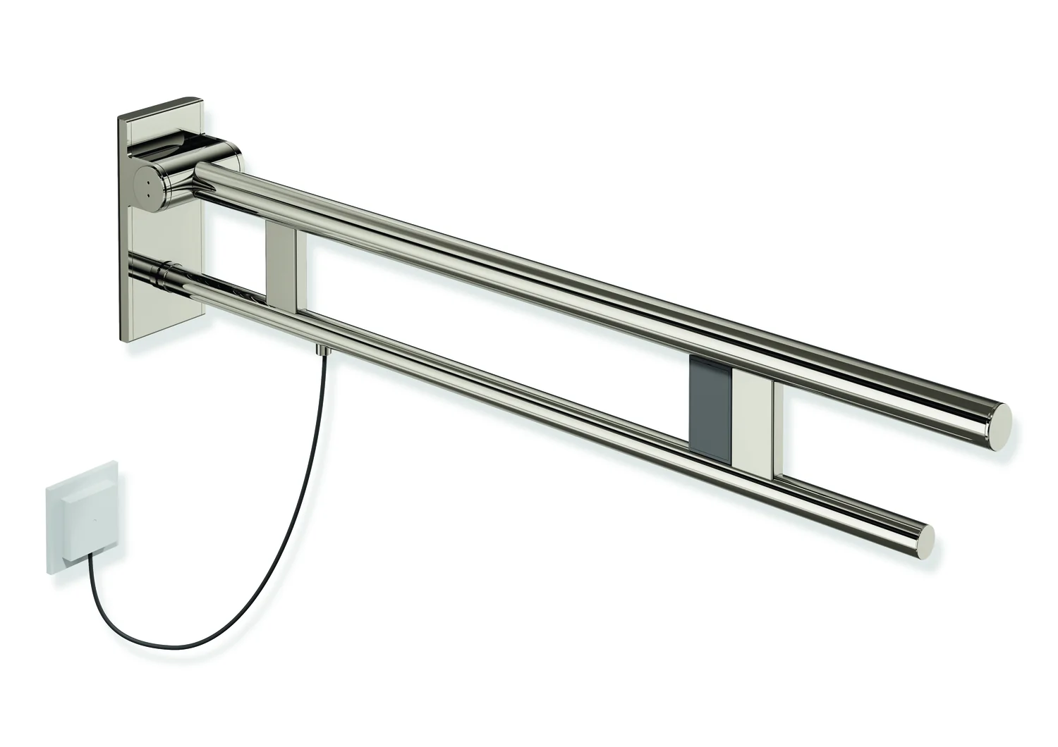 HEWI Stützklappgriff Duo System 900, Design A, Edelstahl PVD nickelglänzend, Ausladung 900 mm, rechts, mit Spülauslösung