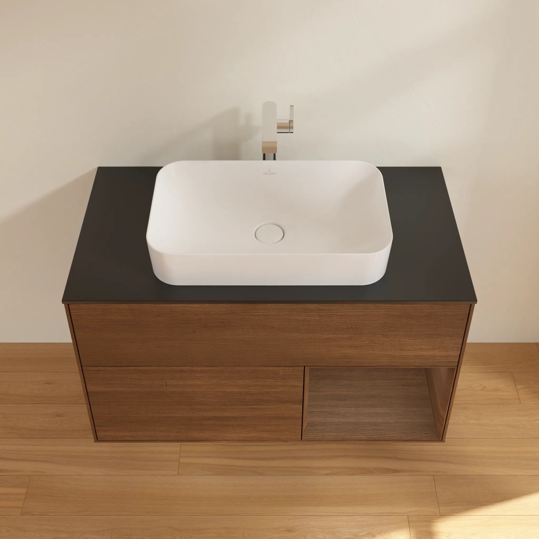 Villeroy & Boch Waschtischunterschrank „Finion“ für Schrankwaschtisch 1000 × 603 × 501 mm Walnut Veneer, mit Hahnlochbohrung, für Becken mittig
