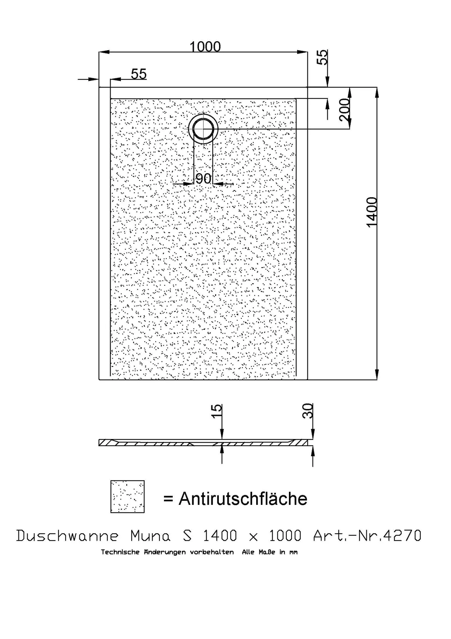 Duschwanne „Muna S“ Rechteck 140 × 100 cm in Schiefergrau