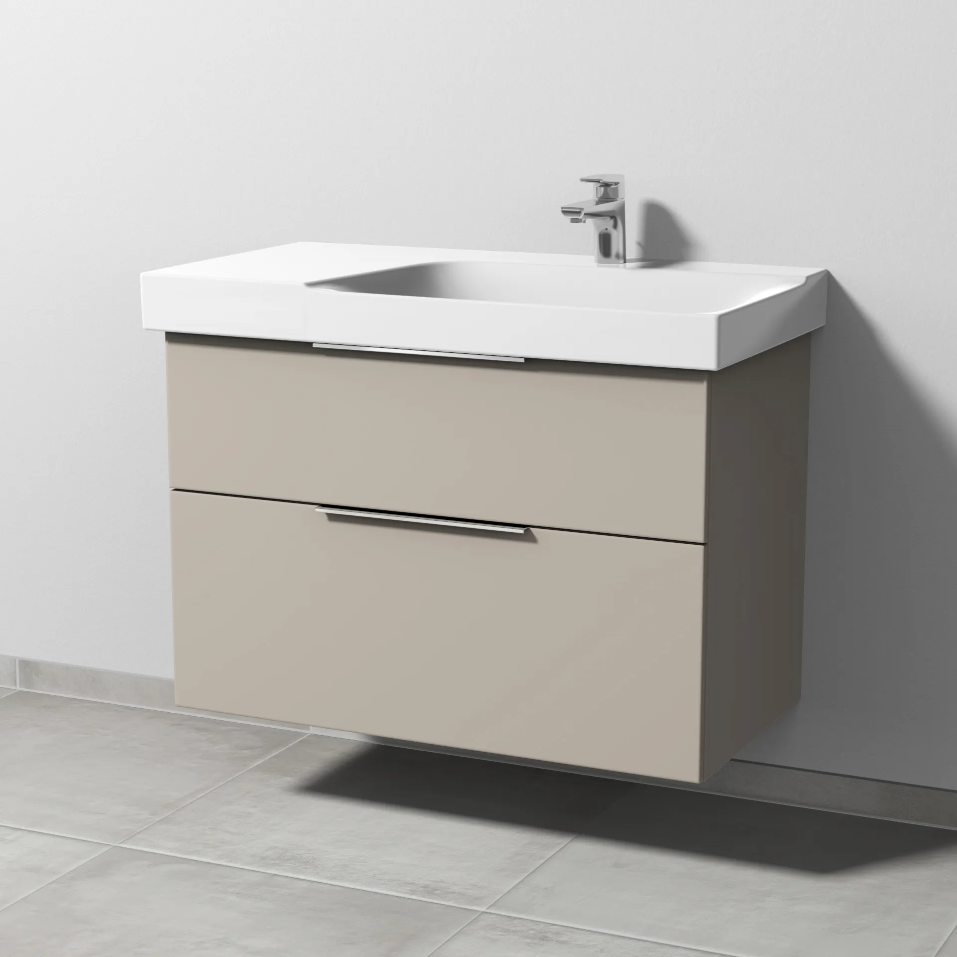 Sanipa Waschtischunterschrank „3way“ passend zu Keramik-Waschtische Xeno2 von Geberit 850 × 593 × 452 mm in Kaschmir (matt), Becken rechts