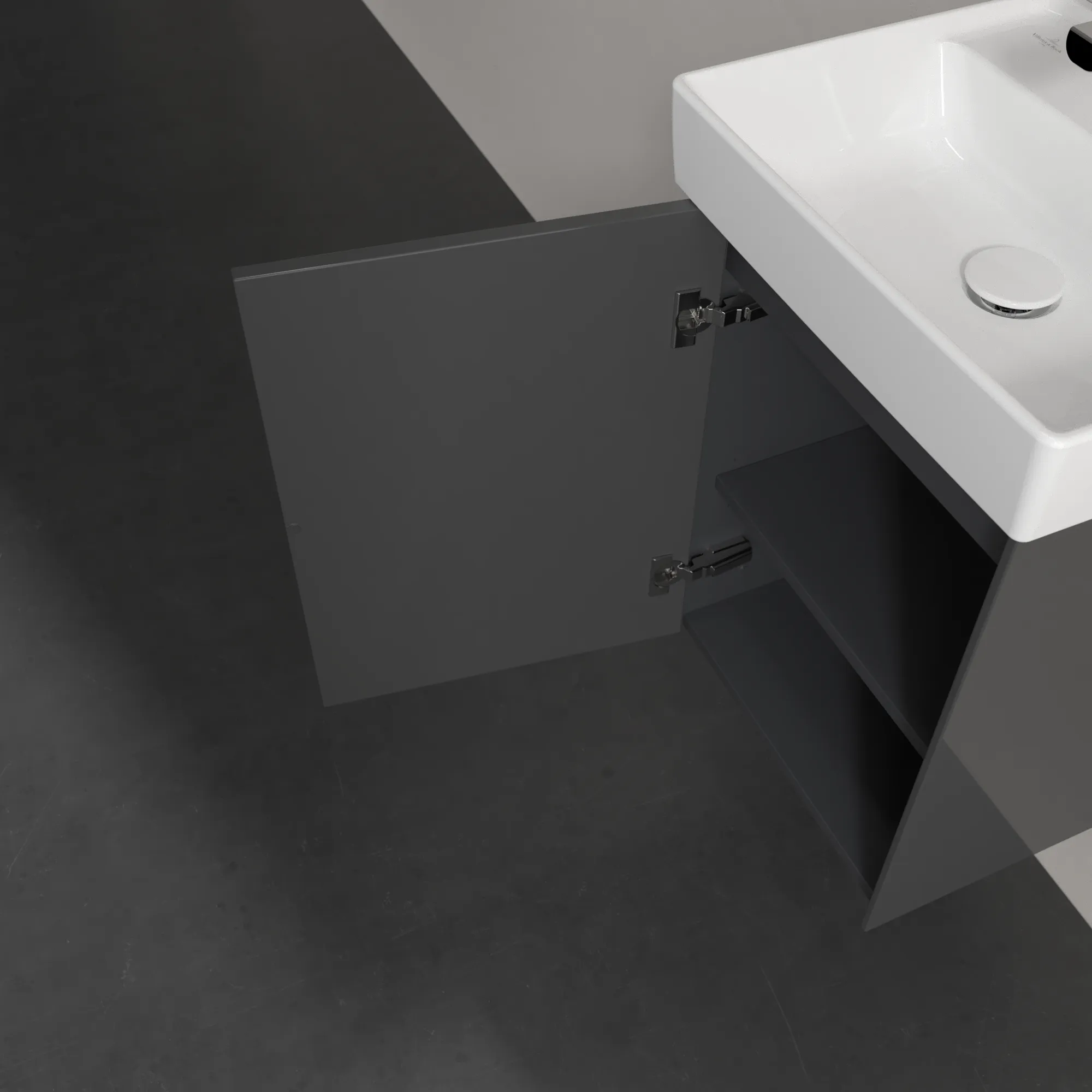 Villeroy & Boch Waschtischunterschrank mit Tür „Collaro“ 410 × 546 × 344 mm Glossy Grey, für Becken mittig, Anschlag links, ohne Beleuchtung Villeroy & Boch Waschtischunterschrank mit Tür „Collaro“ 410 × 546 × 344 mm Glossy Grey, für Becken mittig, Anschlag links, ohne Beleuchtung