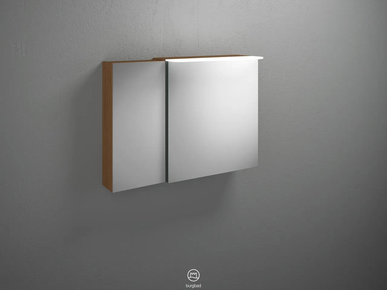 Spiegelschrank Badu von burgbad - 900 mm breit, 310 mm tief, 665 mm hoch mit LED-Aufsatzleuchte und beidseitig verspiegelten Spiegeltüren