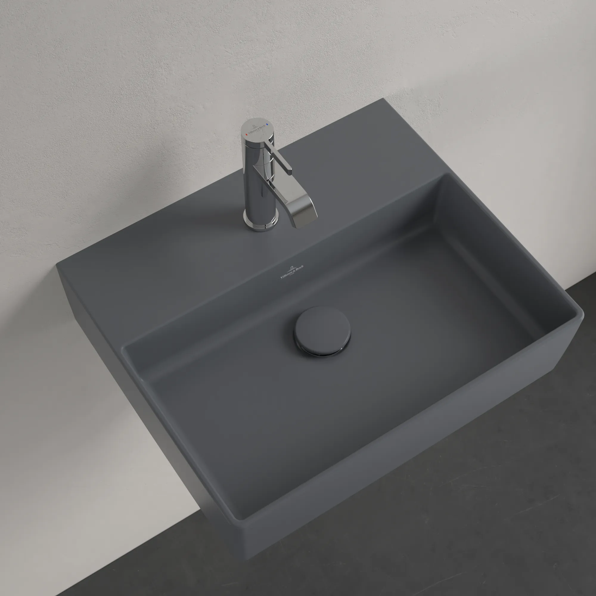 Villeroy & Boch Wandwaschtisch aus TitanCeram geschliffen „Memento 2.0“ 500 × 420 × 140 mm, mit Hahnlochbohrung, Hahnlochposition mittig in Graphite