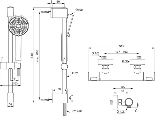 Ideal Standard Ceratherm T25 N 600mm, 2-Funktions-Handbrause Chrom Ideal Standard Ceratherm T25 N 600mm, 2-Funktions-Handbrause Chrom