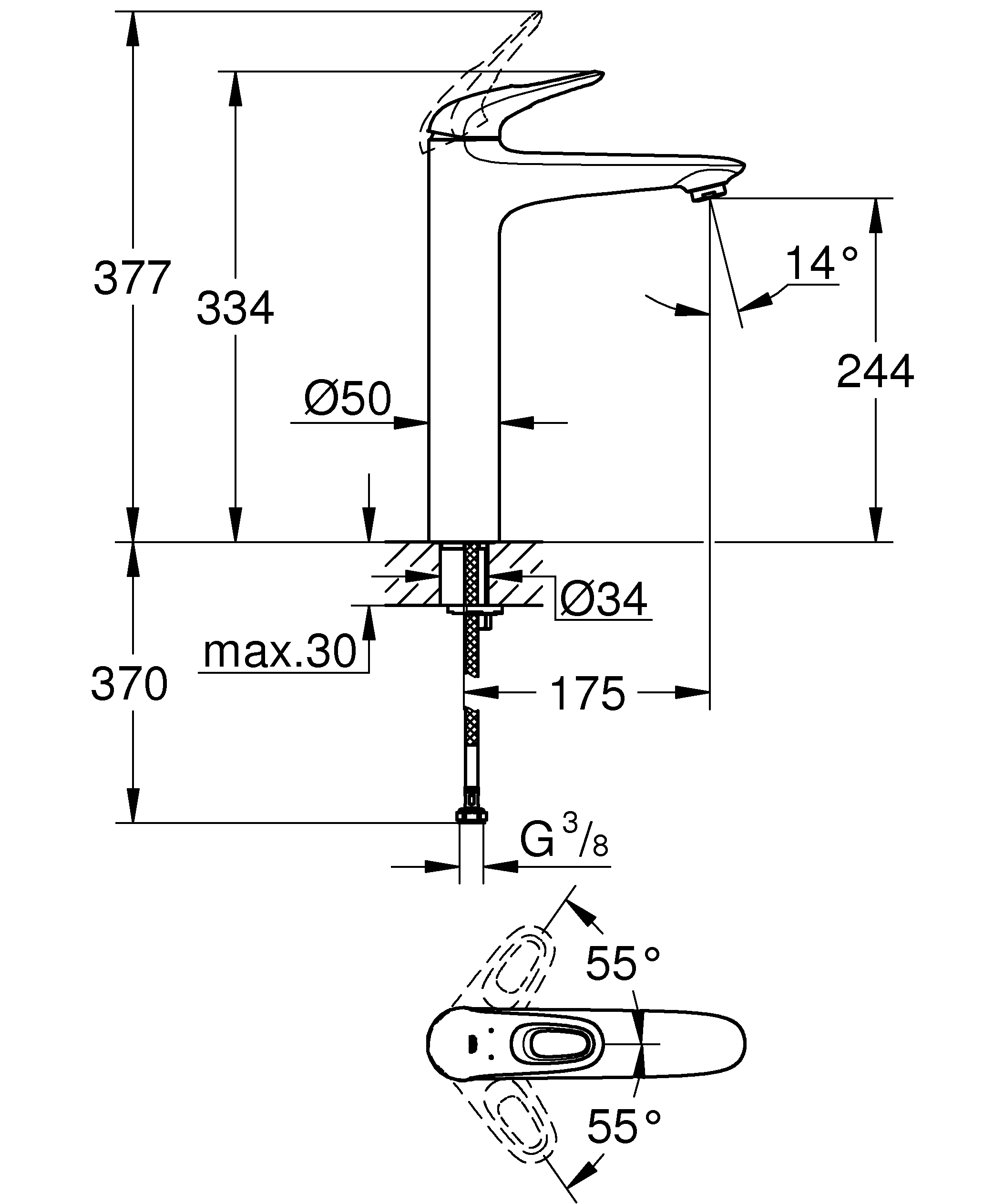 Einhand-Waschtischbatterie Eurostyle 23570_3, XL-Size, Einlochmontage, offener Metall-Hebelgriff, glatter Körper, chrom