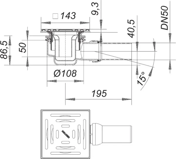 Duschablauf 48 KE, DN 50, 150 x 150 mm