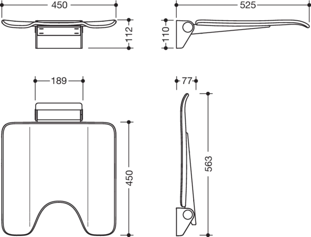 Klappsitz des Systems 900, Wandkonsole aus Edelstahl, PVD, Sitzfläche mit Hygieneausschnitt aus strukturiertem Kunststoff, schwarz, Sitzfläche 450 mm breit, 450 mm tief, in Farbe CK (messing glänzend)