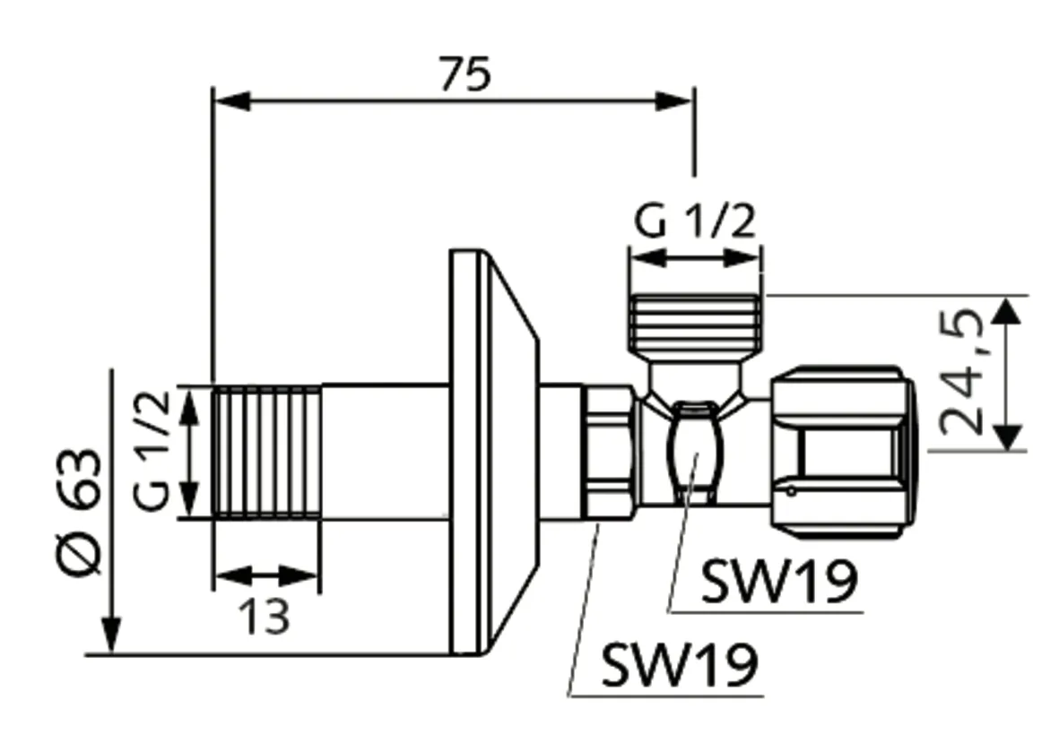Eckventil mit Regulierfunktion COMFORT, COMFORT-Griff, Schubrosette Ø 63 mm, DN 15 G 1/2 AG, DN 15 G 1/2 AG, chrom