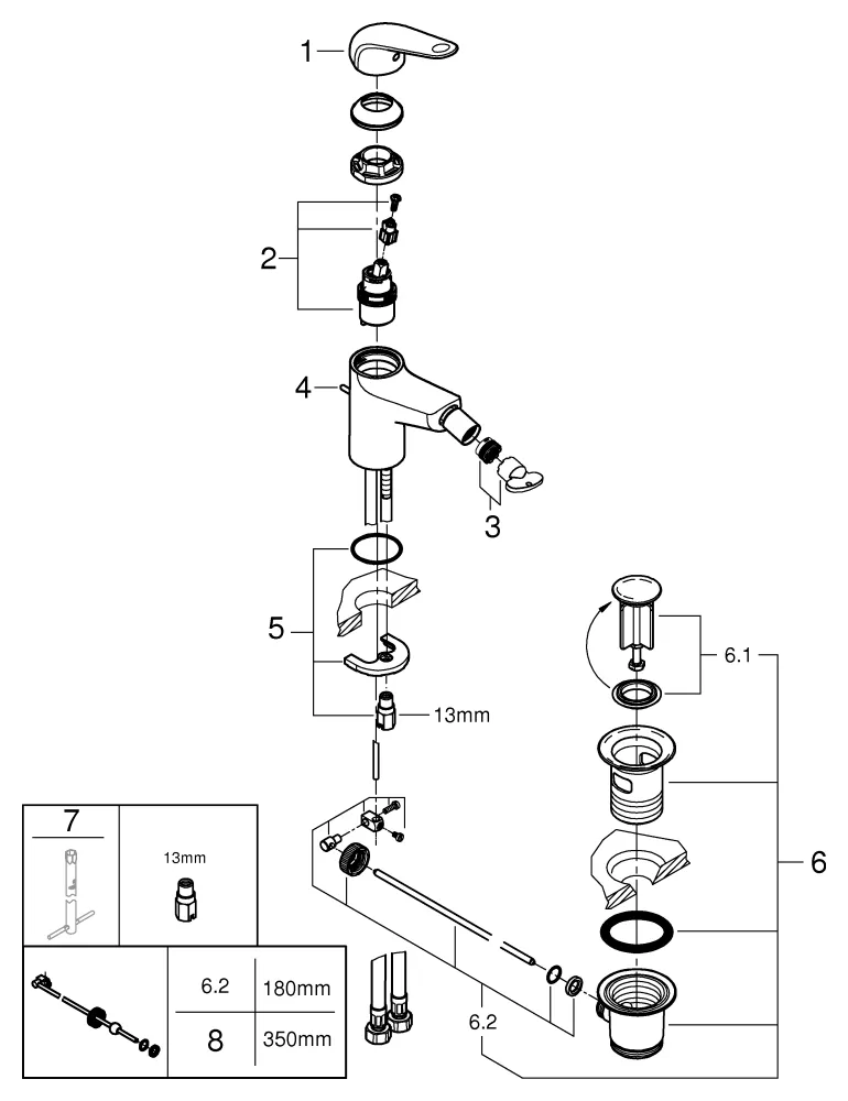 EH-Bidetbatterie Euroeco 23263_1, Einlochmontage, Zugstangen-Ablaufgarnitur aus Kunststoff, maximaler Durchfluss (bei 3 bar): 5 l/min, chrom