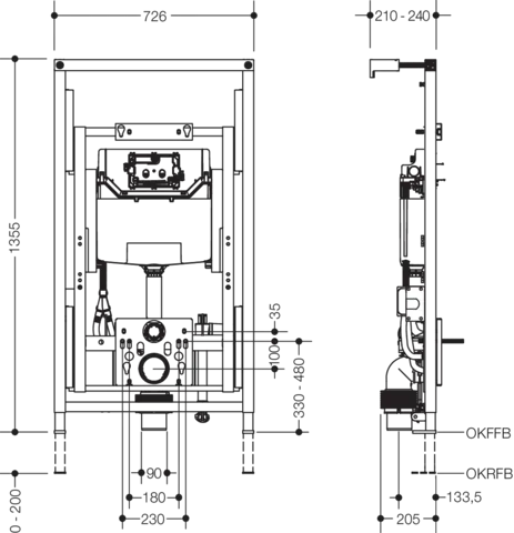 HEWI Höhenverstellung S 50 - Elektrisch höhenverstellbares WC-Vorwandelement mit manueller Betätigungsplatte, stufenlos verstellbar (425-575 mm), Bodenablauf, Abmessungen: B 726 mm, H 1355-1505 mm, T 210-240 mm