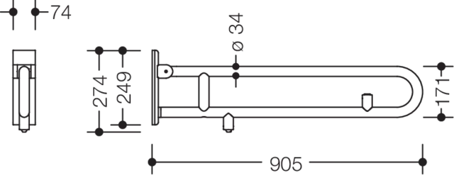HEWI 805.50.771, Stützklappgriff, Edelstahl, matt geschliffen, Ausladung 900 mm