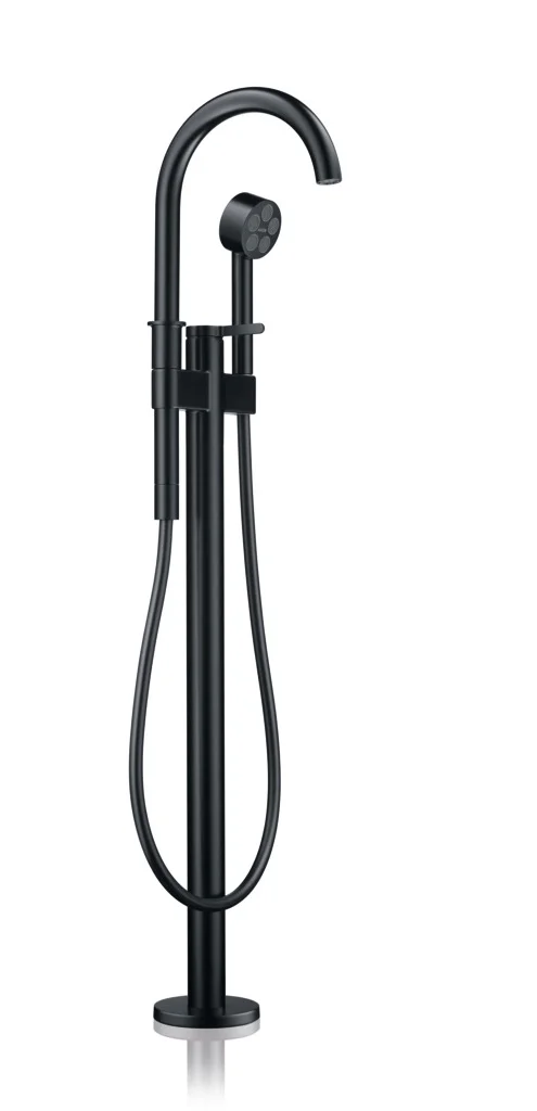Hansgrohe AXOR One Wannenmischer bodenstehend mattschwarz, Ausladung 220 mm, Keramikmischsystem, PowderRain Handbrause