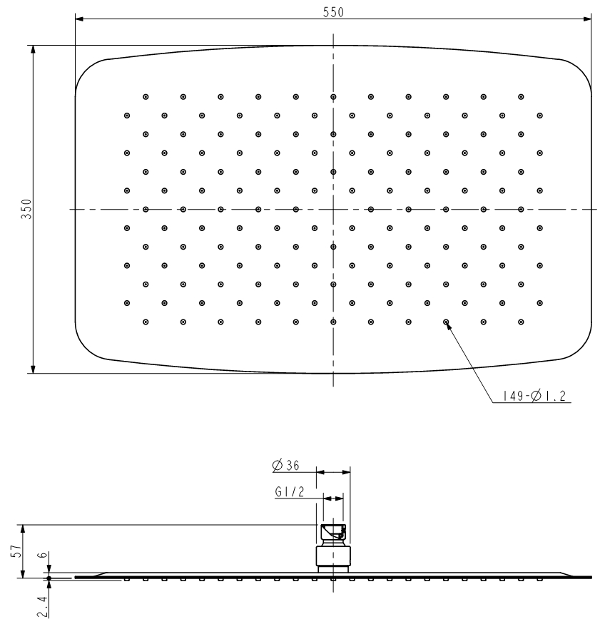 Kopfbrause AqvaGreen - rechteckig - 550 × 350 mm - sichtbare Höhe 2,4 mm - "easy-clean" - 1/2″ IG - Kugelgelenk, 45° schwenkbar - 13,8 L/min bei 3 bar - Edelstahl, hochglanzpoliert