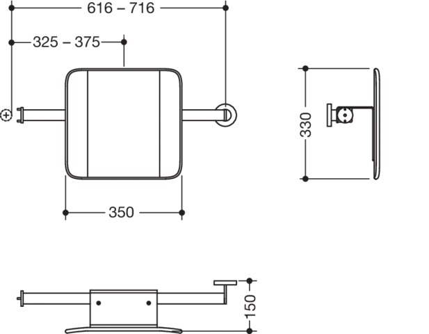 Rückenstütze, System 900, Anbindung Edst. PVD., Lehne Kst., schwarz, Achsmaß verstellbar 616-716 mm, T: 150 mm, einseitig Wandmontage mit Rosetten (links), einseitig Montage an SK-Griffen, Design (A) (rechts), in Farbe CK (messing glänzend)