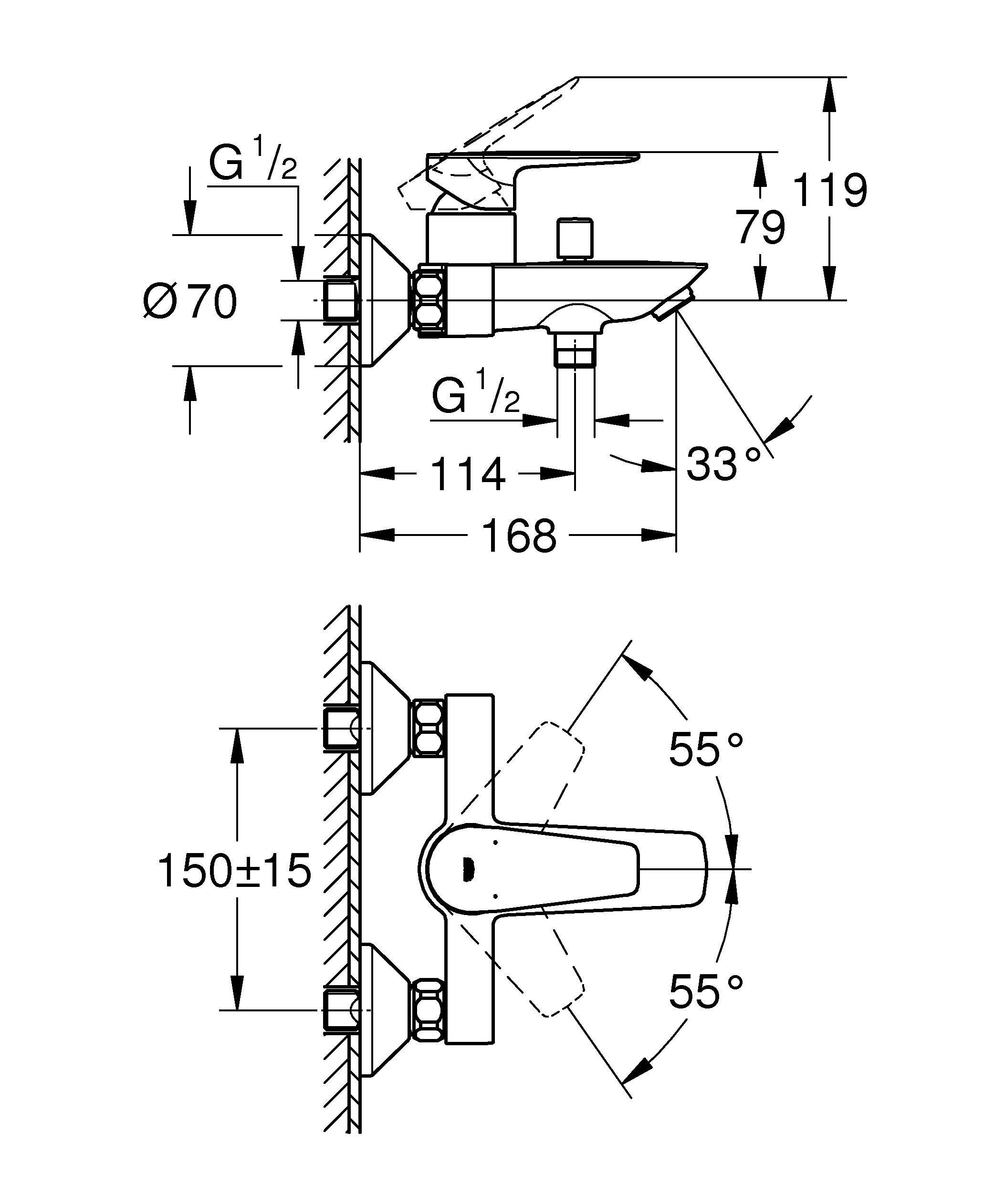 Einhand-Wannenbatterie BauEdge 23604_1, Wandmontage, mit Temperaturbegrenzer, S-Anschlüsse, eigensicher, chrom