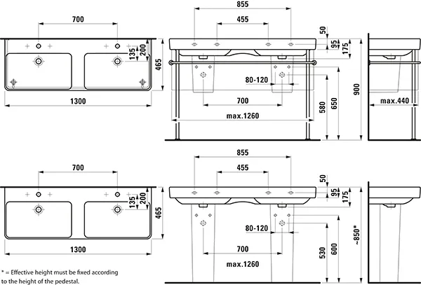 Doppelwaschtisch PRO S 460x1300x175 1 Hahnloch je Becken mit Überlauf weiß Doppelwaschtisch PRO S 460x1300x175 1 Hahnloch je Becken mit Überlauf weiß