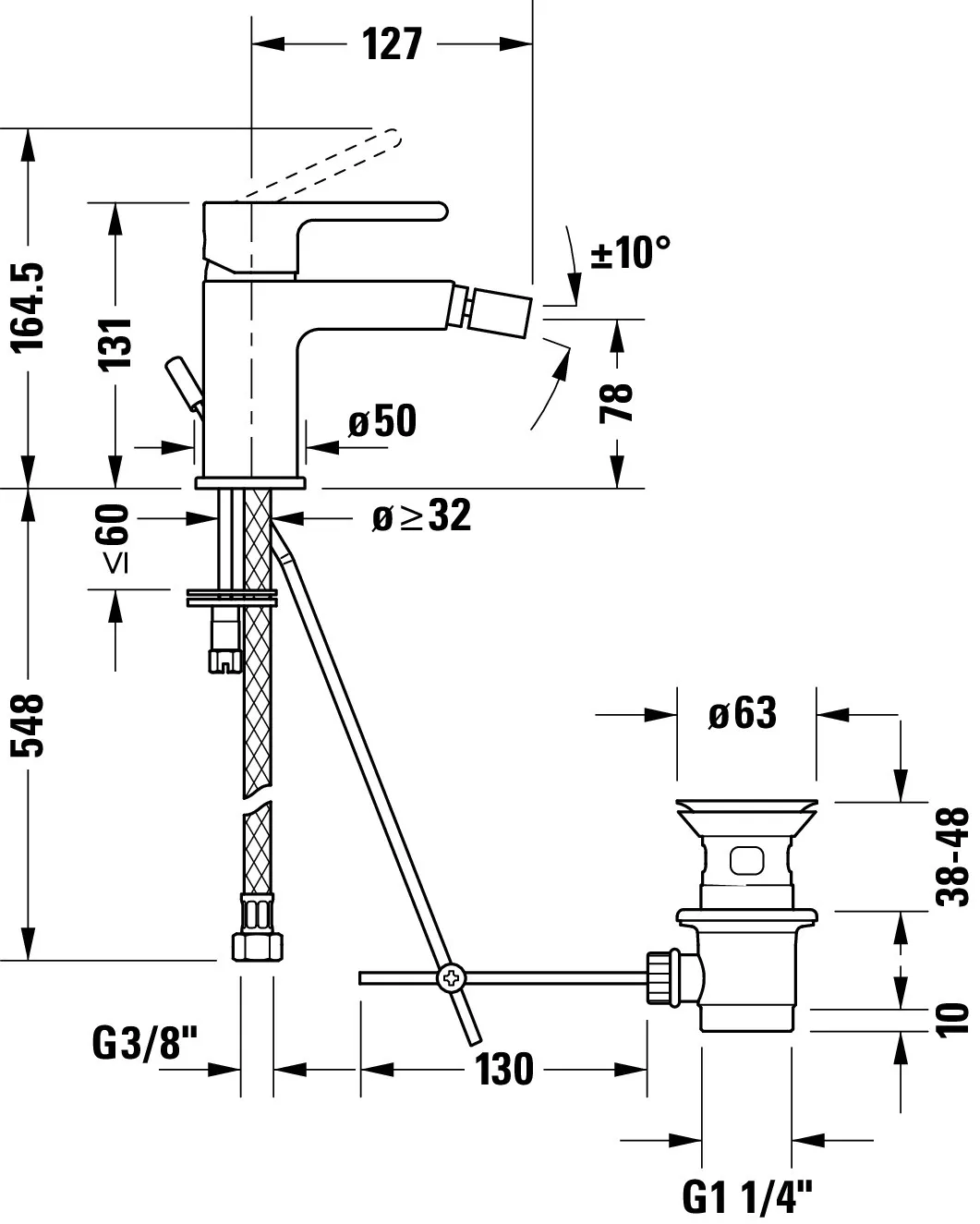 B.2 Einhebel-Bidetmischer Höhe 164,5 Ausladung 127 mm