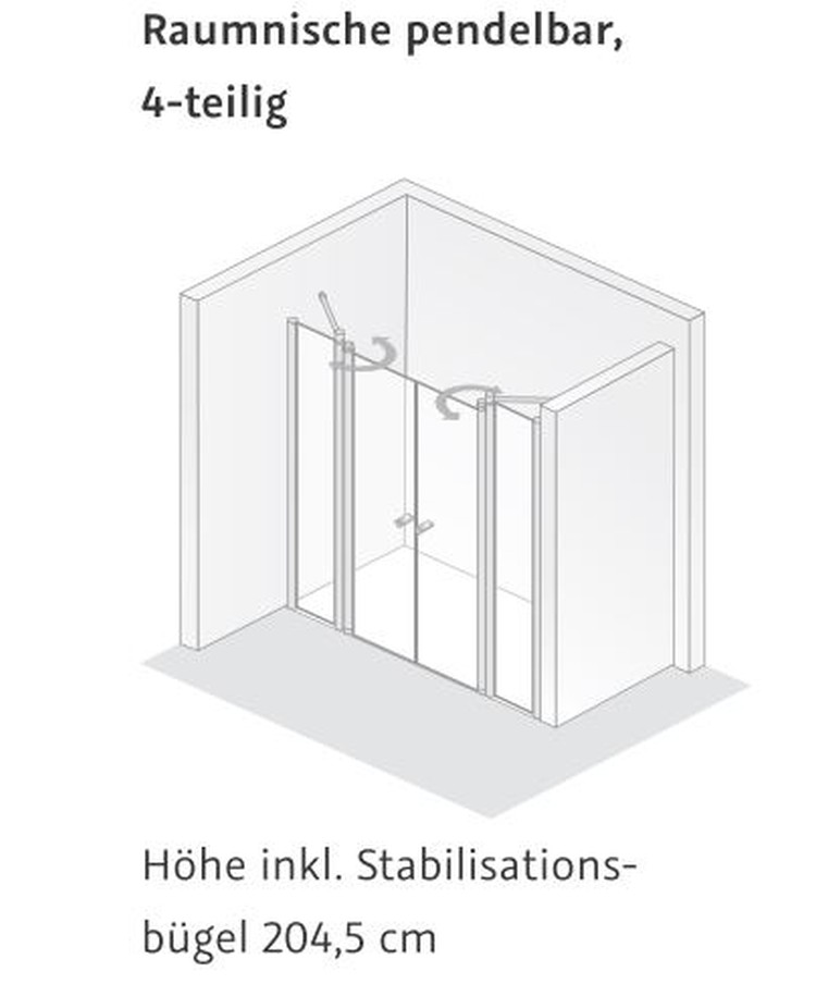 HSK teilgerahmte Raumnische 4-teilig „Exklusiv“ Glas Tropfen hell (Kunstglas), Profile Chromoptik (Alu Hochglanz poliert)