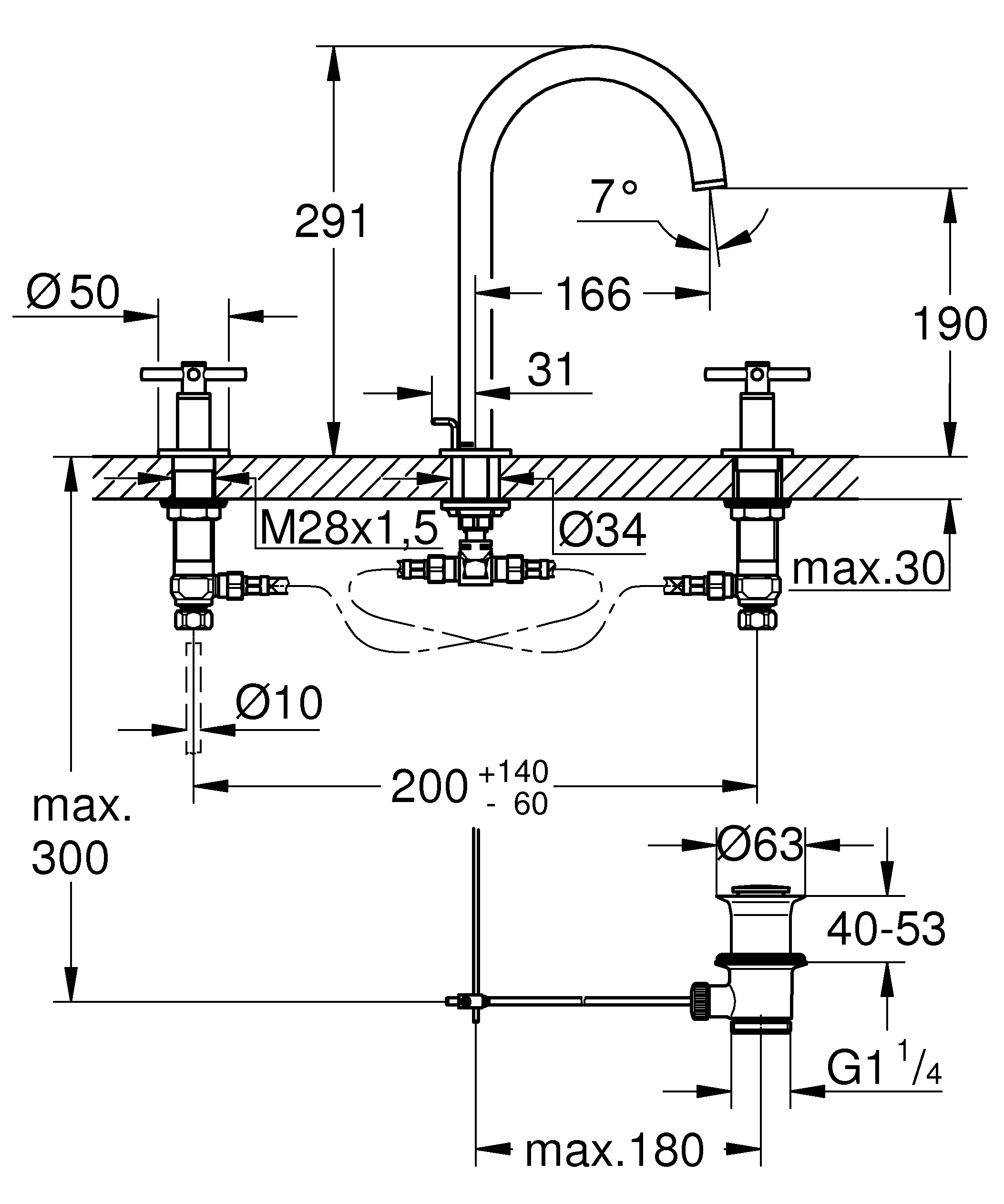 3-Loch-Waschtischbatterie Atrio 20643, mit Kreuzgriffen, Zugstangen-Ablaufgarnitur 1 1/4'', chrom