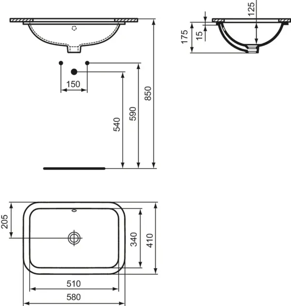 Ideal Standard Unterbau-Waschtisch Connect, rechteckig, ohne Hahnloch, mit Überlauf, Weiß