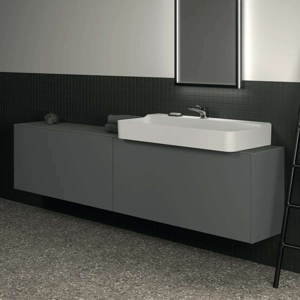 Waschtischplatte Conca, aus Keramik, 2387x373x6mm, Marmor Noir Desir