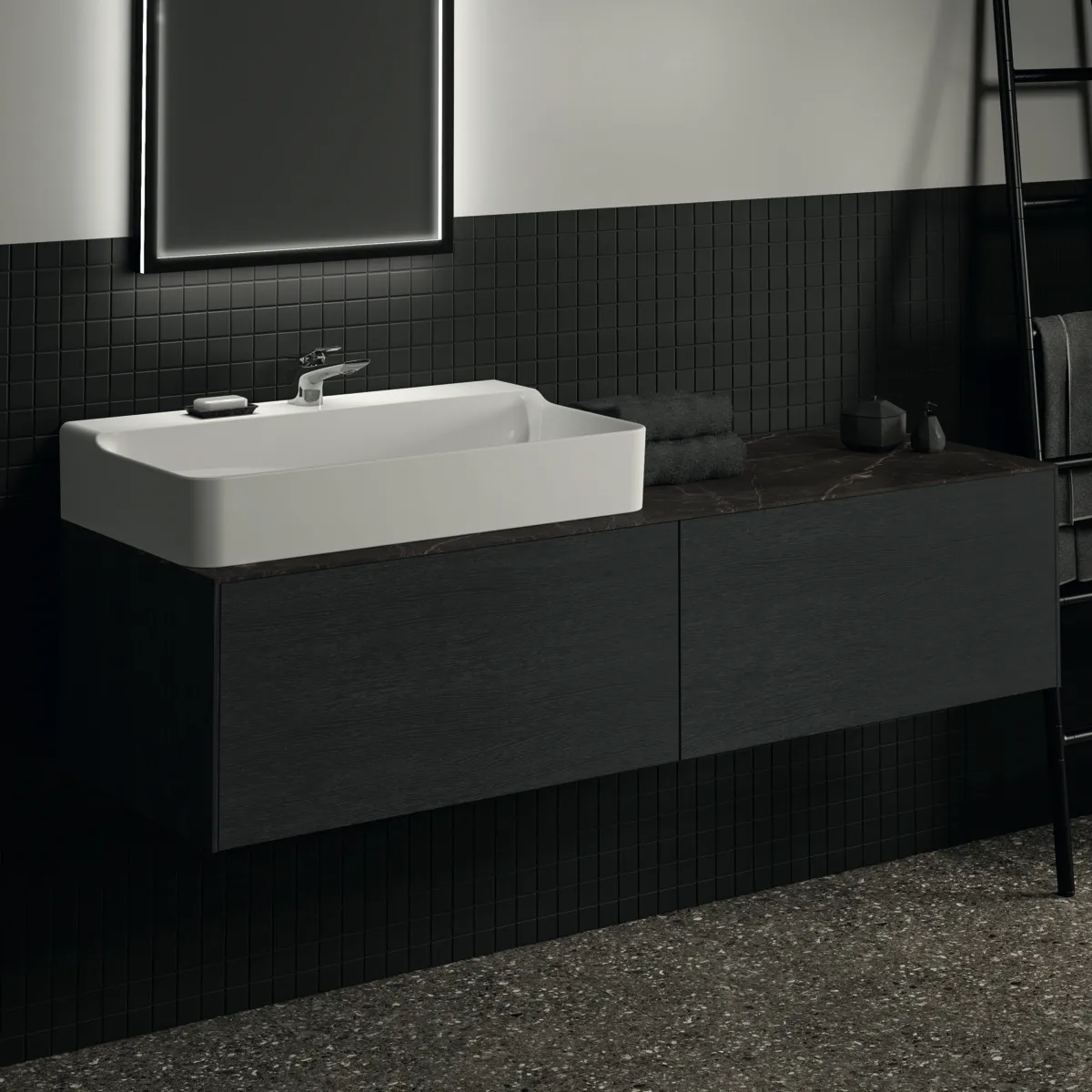 Waschtischplatte Conca, aus Keramik, 1587x505x6mm, Marmor Noir Desir